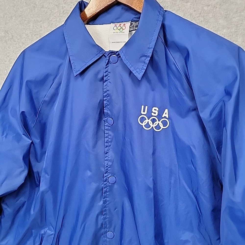 Vintage USA Olympics Team Track Blue Snap Up Jacket Windbreaker Men's M Pockets